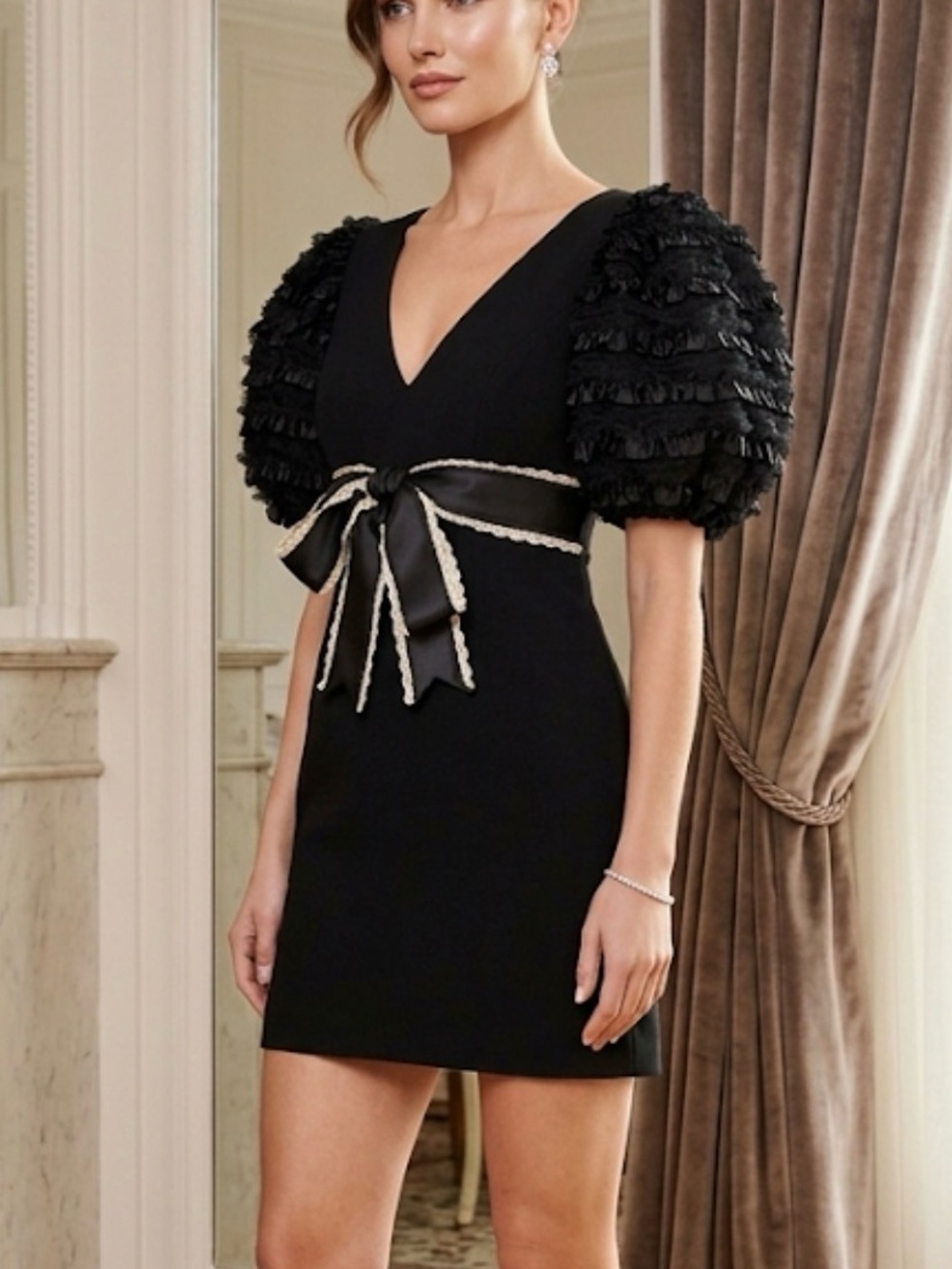 San Carlin Black Puff Sleeve Ruffle‎ Lace Bow V-Neck Cocktail Dress Made in USA